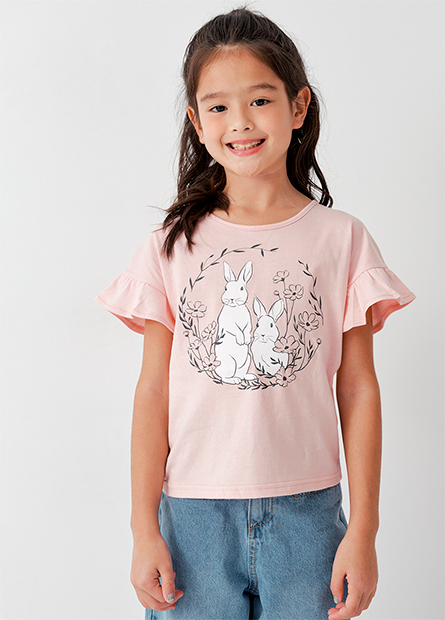 女童荷葉袖兔兔印花T恤