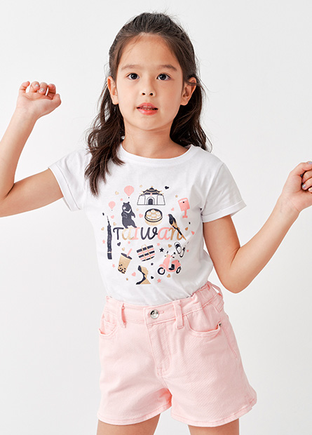 女童反摺袖台灣特色印花T恤