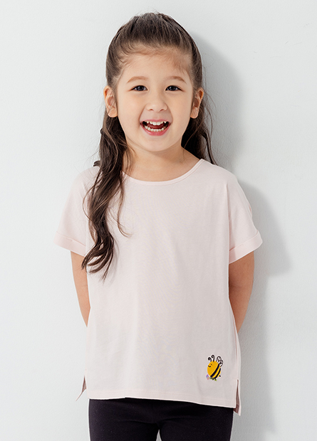 女嬰小動物刺繡反摺袖T恤