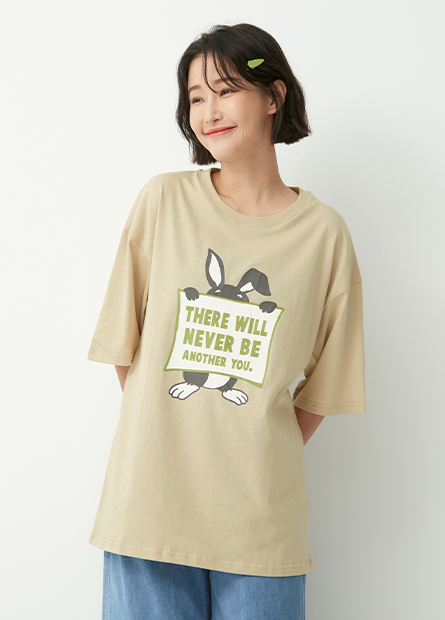 兔子印花落肩長版T恤