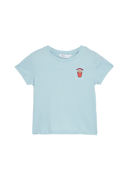女童反摺袖食物刺繡T恤